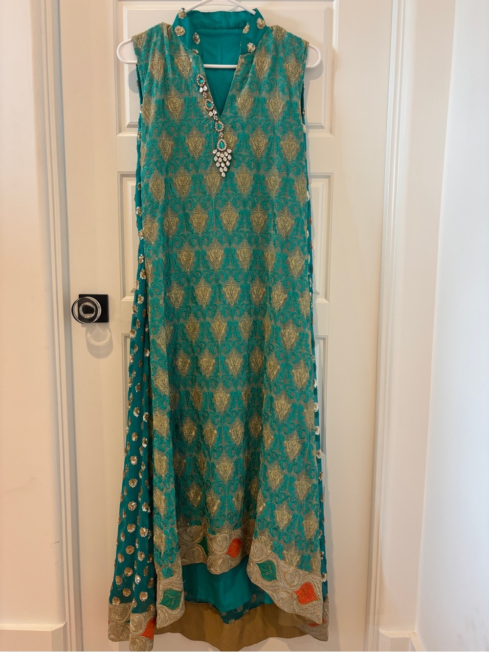 Teal and Gold Embroidered Sleeveless Pakistani Dress two peice